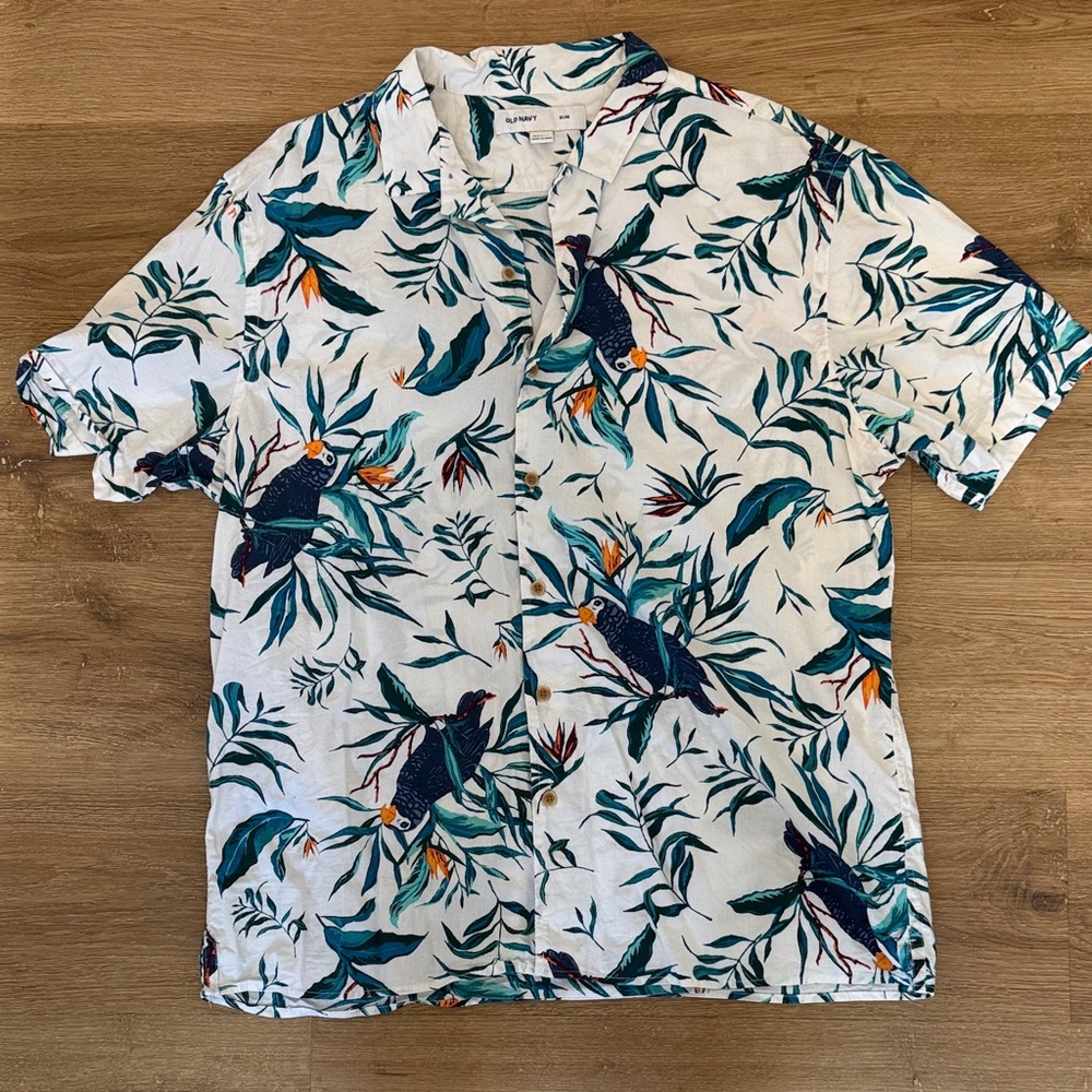 White and Blue Tropical Bird Print Button Down Polo